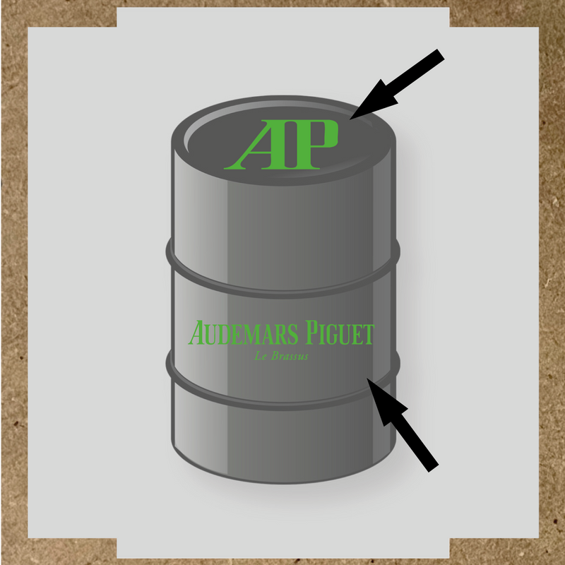 Kit de 2 stickers pour baril, représentant le logo 'AP' et le texte 'Audemars Piguet Le Brassus', sur un baril décoratif. couleur:vert prairie