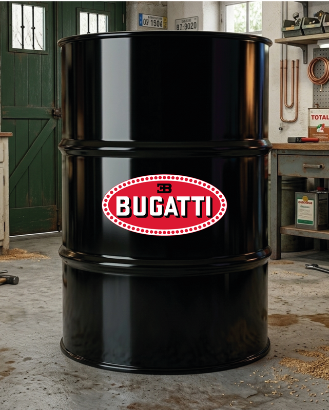 Mise en situation d’un baril décoratif avec kit de 2 stickers Bugatti rouge