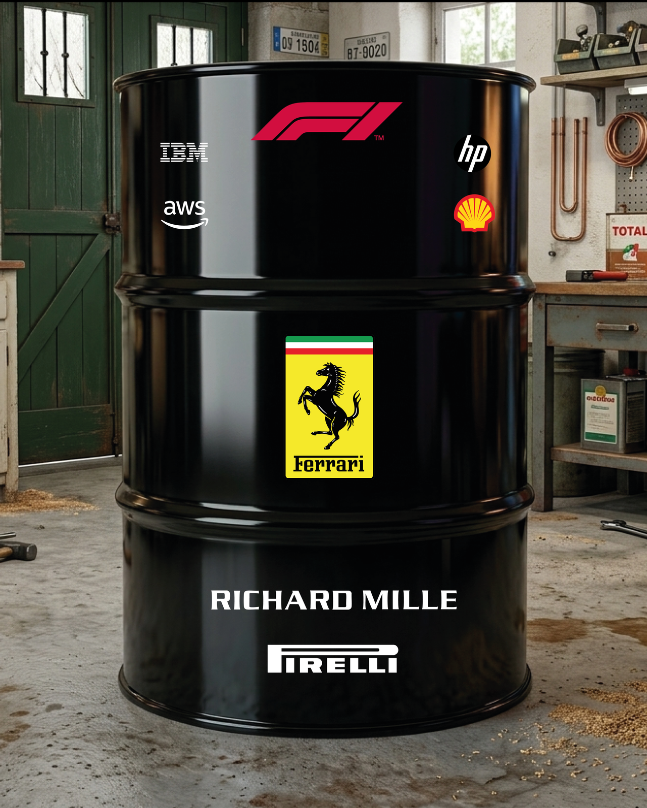 Kit de 9 stickers F1 écurie Ferrari pour baril décoratif