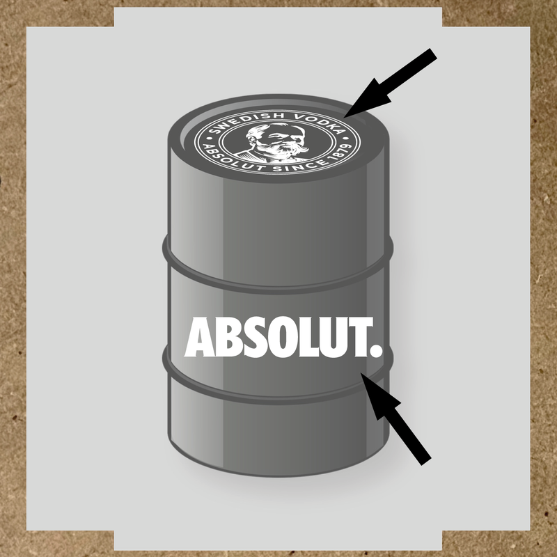 Visuel du kit de stickers pour baril montrant deux stickers avec le logo et le texte 'ABSOLUT.' sur un fût. couleur:blanc