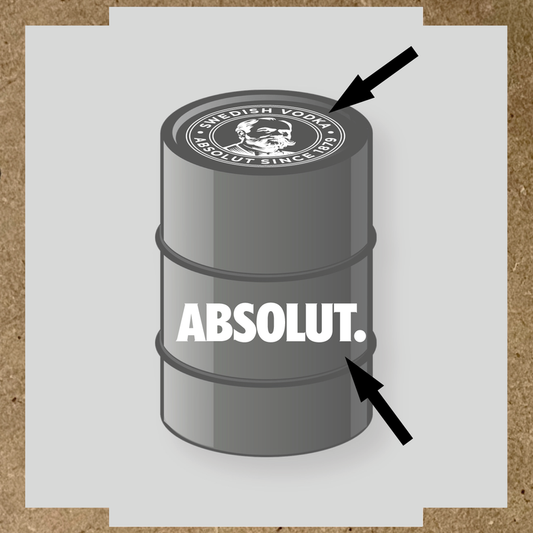Visuel du kit de stickers pour baril montrant deux stickers avec le logo et le texte 'ABSOLUT.' sur un fût. couleur:blanc