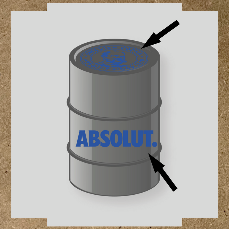 Visuel du kit de stickers pour baril montrant deux stickers avec le logo et le texte 'ABSOLUT.' sur un fût. couleur:bleu acier
