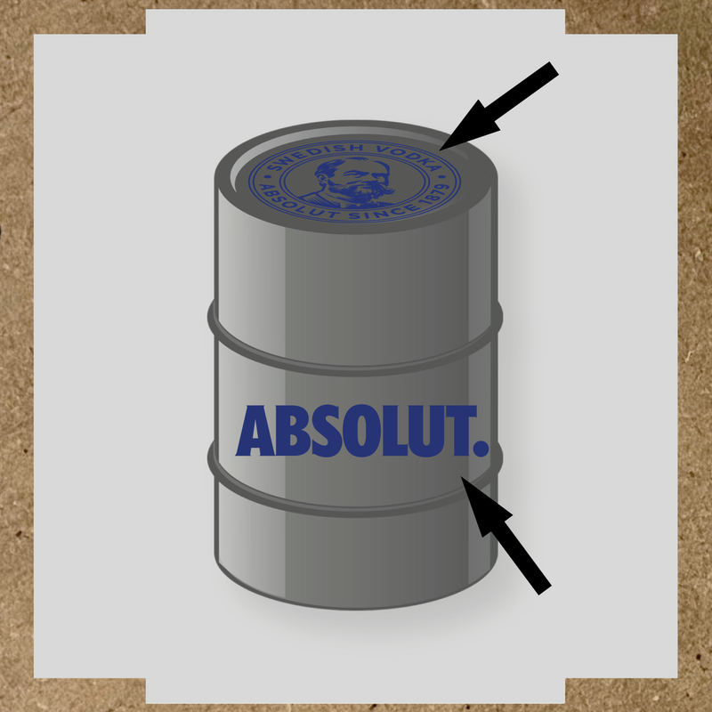 Visuel du kit de stickers pour baril montrant deux stickers avec le logo et le texte 'ABSOLUT.' sur un fût. couleur:bleu indigo