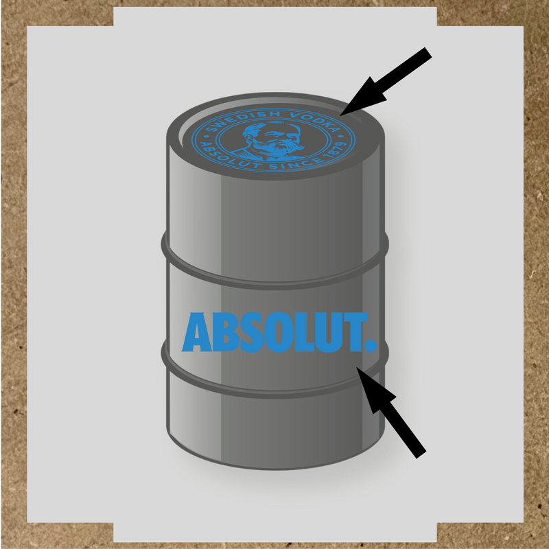 Visuel du kit de stickers pour baril montrant deux stickers avec le logo et le texte 'ABSOLUT.' sur un fût. couleur:bleu lagon