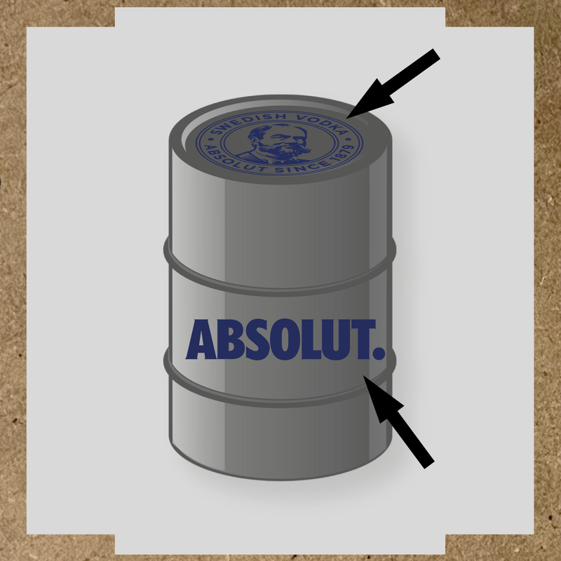 Visuel du kit de stickers pour baril montrant deux stickers avec le logo et le texte 'ABSOLUT.' sur un fût. couleur:bleu nuit