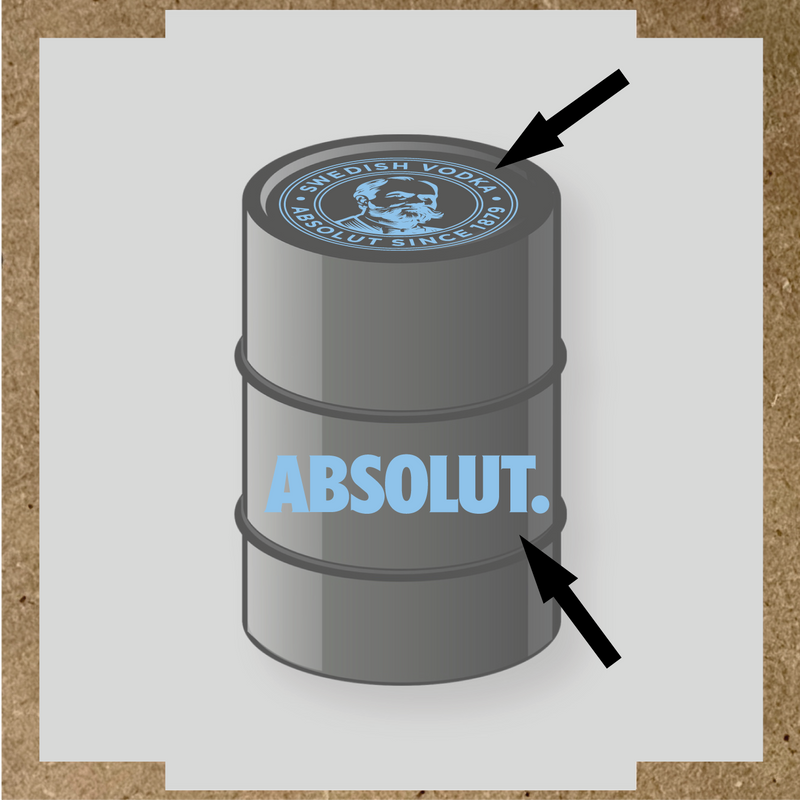 Visuel du kit de stickers pour baril montrant deux stickers avec le logo et le texte 'ABSOLUT.' sur un fût. couleur:bleu pastel