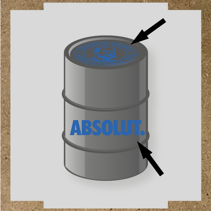 Visuel du kit de stickers pour baril montrant deux stickers avec le logo et le texte 'ABSOLUT.' sur un fût. couleur:bleu pétrole