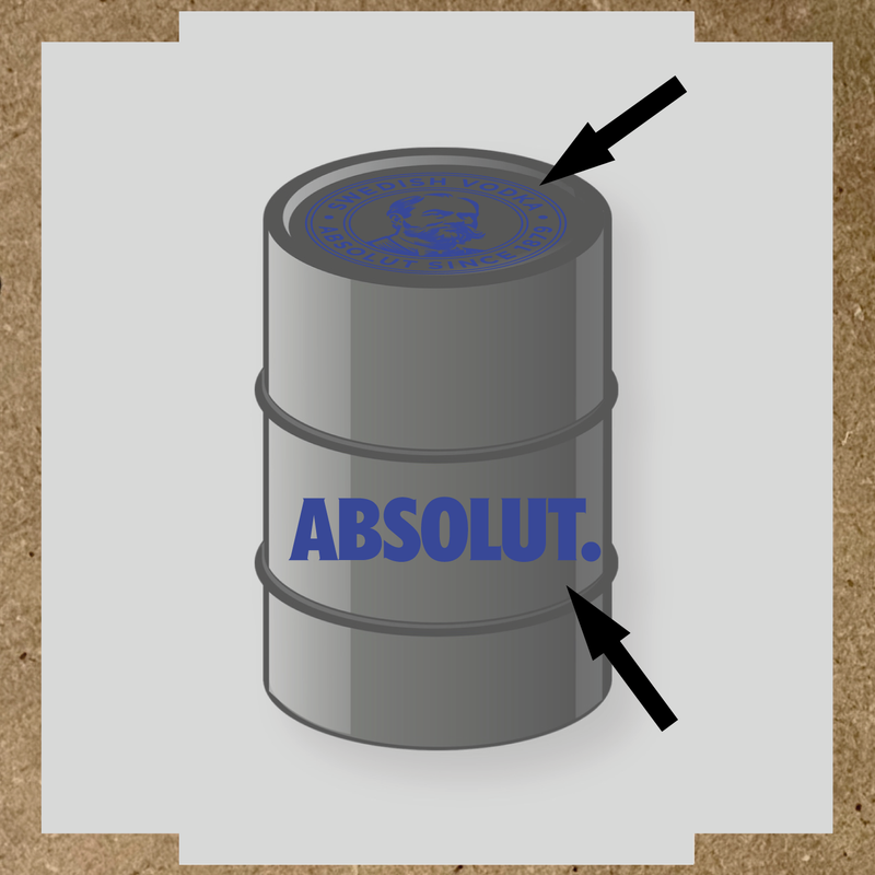 Visuel du kit de stickers pour baril montrant deux stickers avec le logo et le texte 'ABSOLUT.' sur un fût. couleur:bleu roi