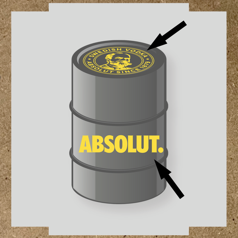 Visuel du kit de stickers pour baril montrant deux stickers avec le logo et le texte 'ABSOLUT.' sur un fût. couleur:jaune clair
