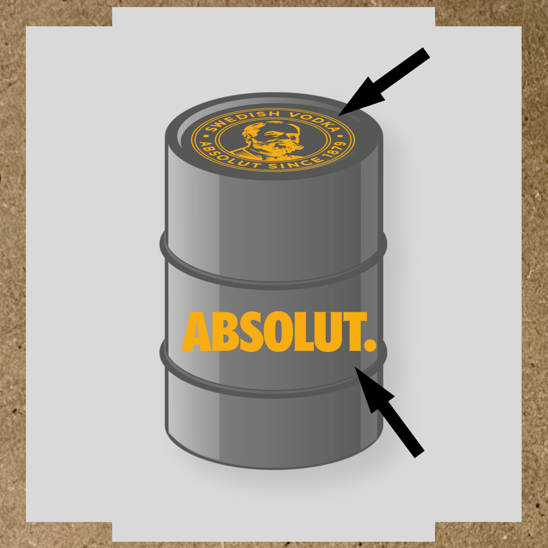 Visuel du kit de stickers pour baril montrant deux stickers avec le logo et le texte 'ABSOLUT.' sur un fût. couleur:jaune foncé