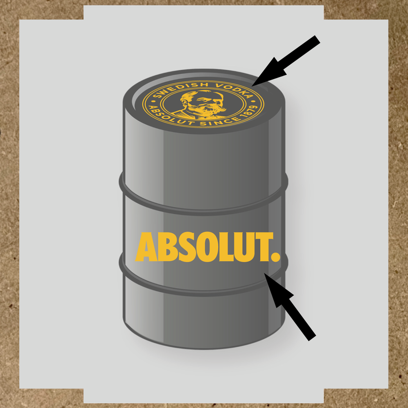 Visuel du kit de stickers pour baril montrant deux stickers avec le logo et le texte 'ABSOLUT.' sur un fût. couleur:jaune