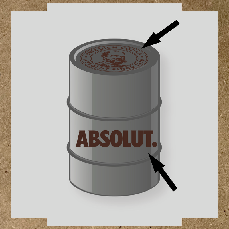 Visuel du kit de stickers pour baril montrant deux stickers avec le logo et le texte 'ABSOLUT.' sur un fût. couleur:marron foncé