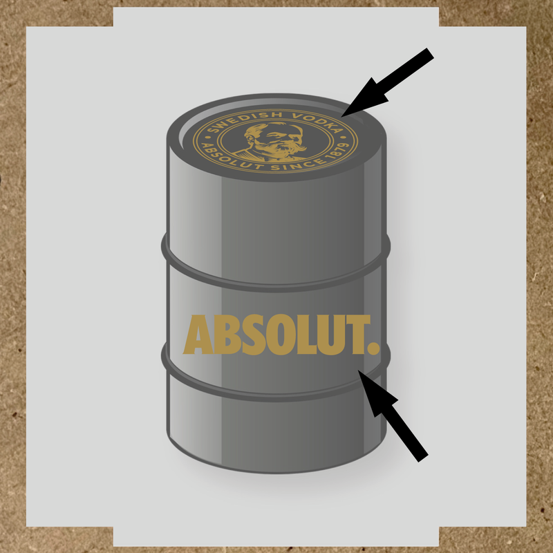 Visuel du kit de stickers pour baril montrant deux stickers avec le logo et le texte 'ABSOLUT.' sur un fût. couleur:or