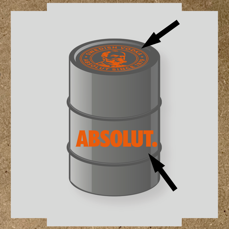 Visuel du kit de stickers pour baril montrant deux stickers avec le logo et le texte 'ABSOLUT.' sur un fût. couleur:orange