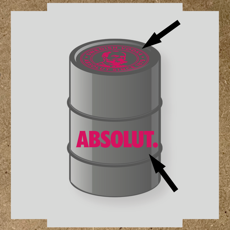 Visuel du kit de stickers pour baril montrant deux stickers avec le logo et le texte 'ABSOLUT.' sur un fût. couleur:rose