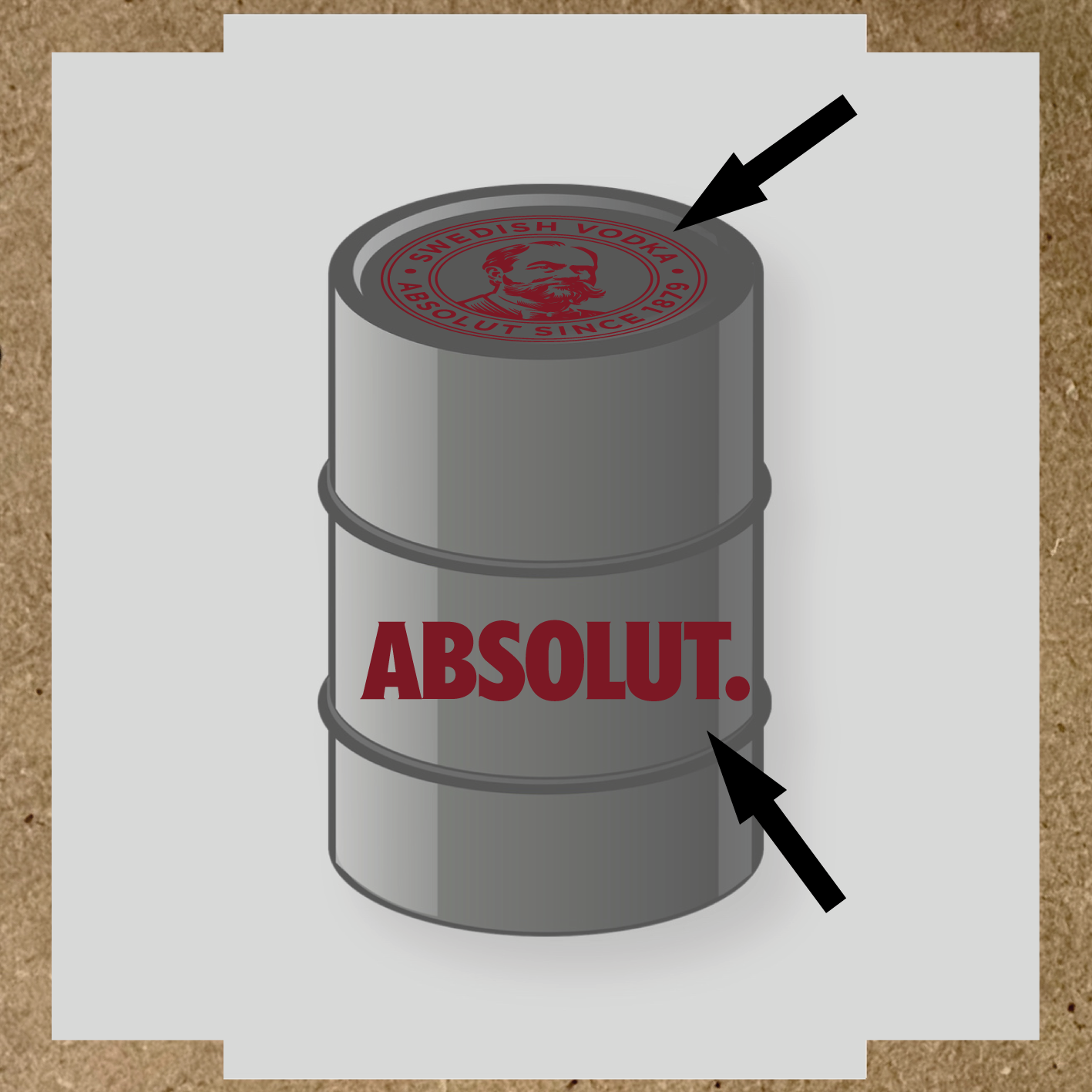 Visuel du kit de stickers pour baril montrant deux stickers avec le logo et le texte 'ABSOLUT.' sur un fût. couleur:rouge bordeaux