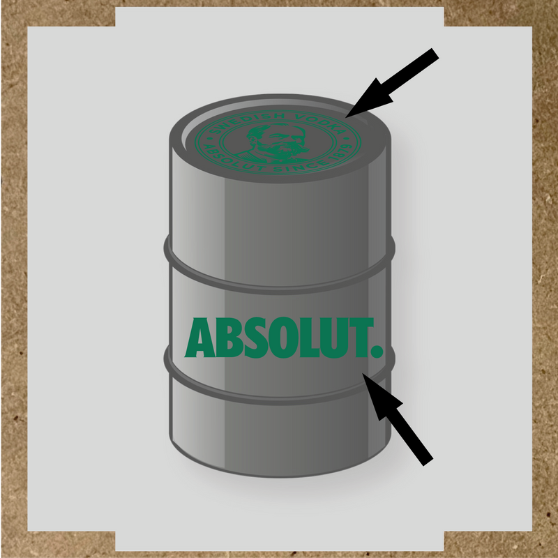 Visuel du kit de stickers pour baril montrant deux stickers avec le logo et le texte 'ABSOLUT.' sur un fût. couleur:vert émeraude