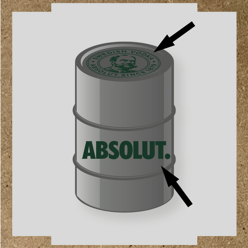 Visuel du kit de stickers pour baril montrant deux stickers avec le logo et le texte 'ABSOLUT.' sur un fût. couleur:vert forêt