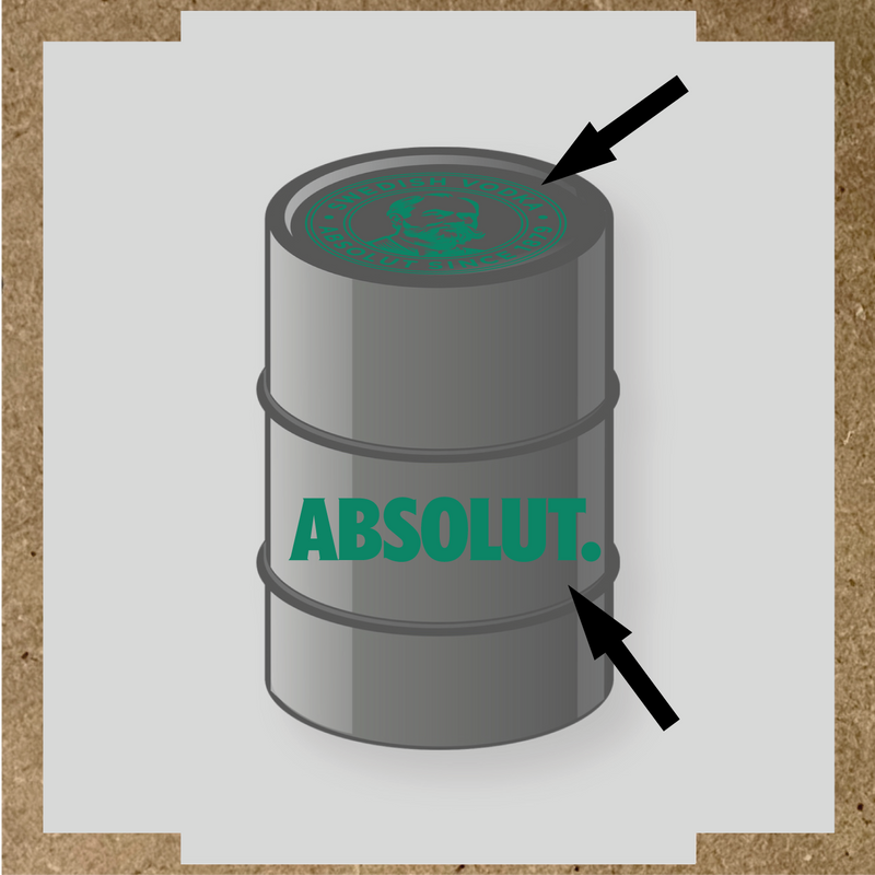 Visuel du kit de stickers pour baril montrant deux stickers avec le logo et le texte 'ABSOLUT.' sur un fût. couleur:vert jade