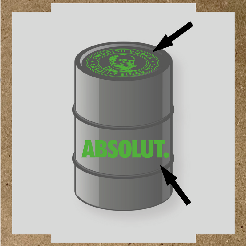 Visuel du kit de stickers pour baril montrant deux stickers avec le logo et le texte 'ABSOLUT.' sur un fût. couleur:vert prairie