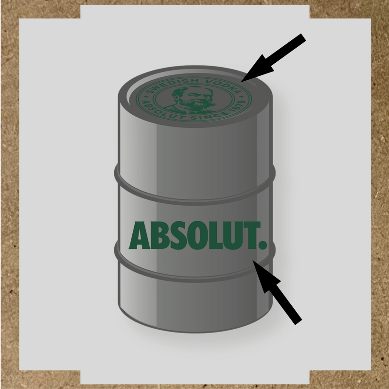 Visuel du kit de stickers pour baril montrant deux stickers avec le logo et le texte 'ABSOLUT.' sur un fût. couleur:vert sapin