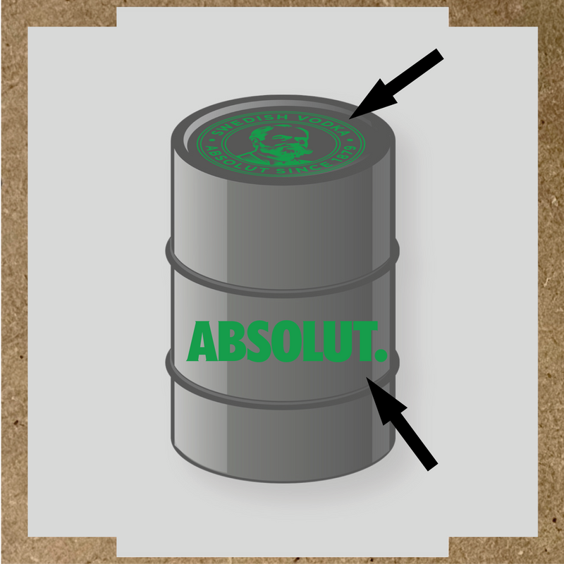 Visuel du kit de stickers pour baril montrant deux stickers avec le logo et le texte 'ABSOLUT.' sur un fût. couleur:vert vif