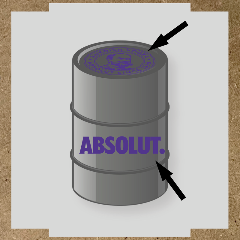 Visuel du kit de stickers pour baril montrant deux stickers avec le logo et le texte 'ABSOLUT.' sur un fût. couleur:violet