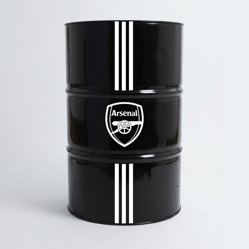Vue de face d’un baril décoratif avec kit de 4 stickers Arsenal 