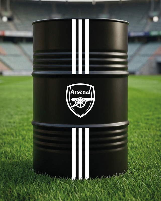 Mise en situation d’un baril décoratif avec kit de 4 stickers Arsenal 