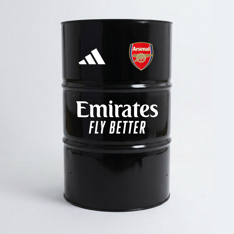 Vue de face d’un baril décoratif avec kit de 4 stickers Arsenal version 4 