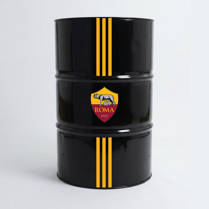 Vue de face d’un baril décoratif avec kit de 4 stickers AS Roma 