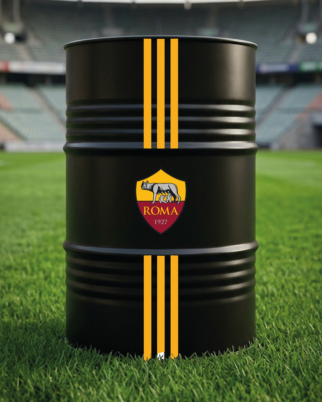 Mise en situation d’un baril décoratif avec kit de 4 stickers AS Roma 