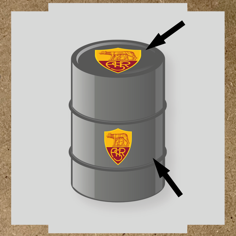 Kit de 2 stickers pour baril avec un logo représentant un loup et un blason.