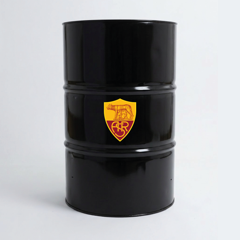 Vue du dessus d’un baril décoratif avec sticker supérieur AS Roma jaune et rouge