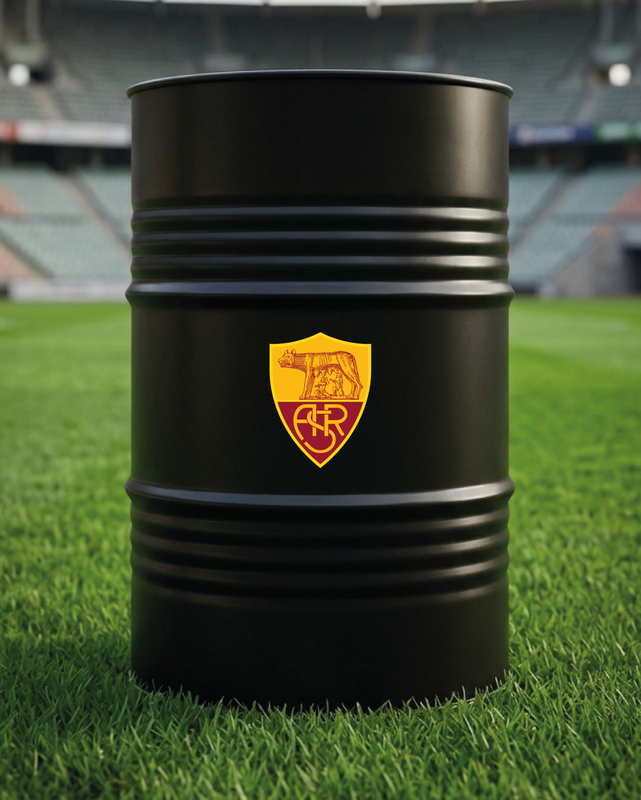 Mise en situation d’un baril décoratif avec kit de 2 stickers AS Roma jaune et rouge