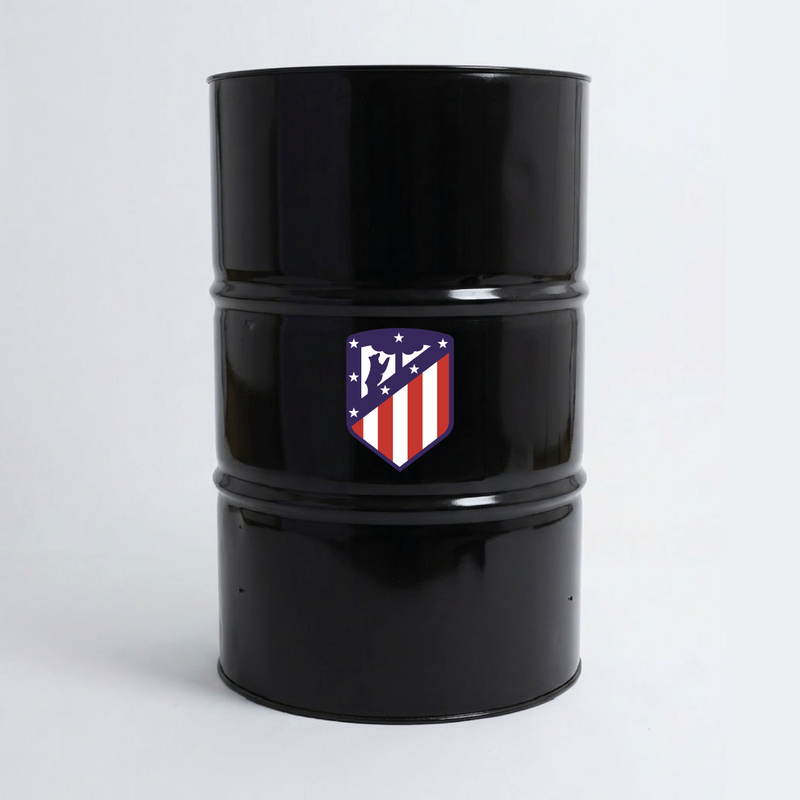 Vue du dessus d’un baril décoratif avec sticker supérieur Atlético Madrid