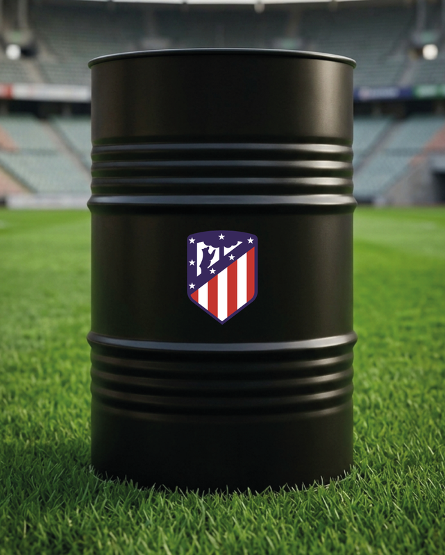Mise en situation d’un baril décoratif avec kit de 2 stickers Atlético Madrid
