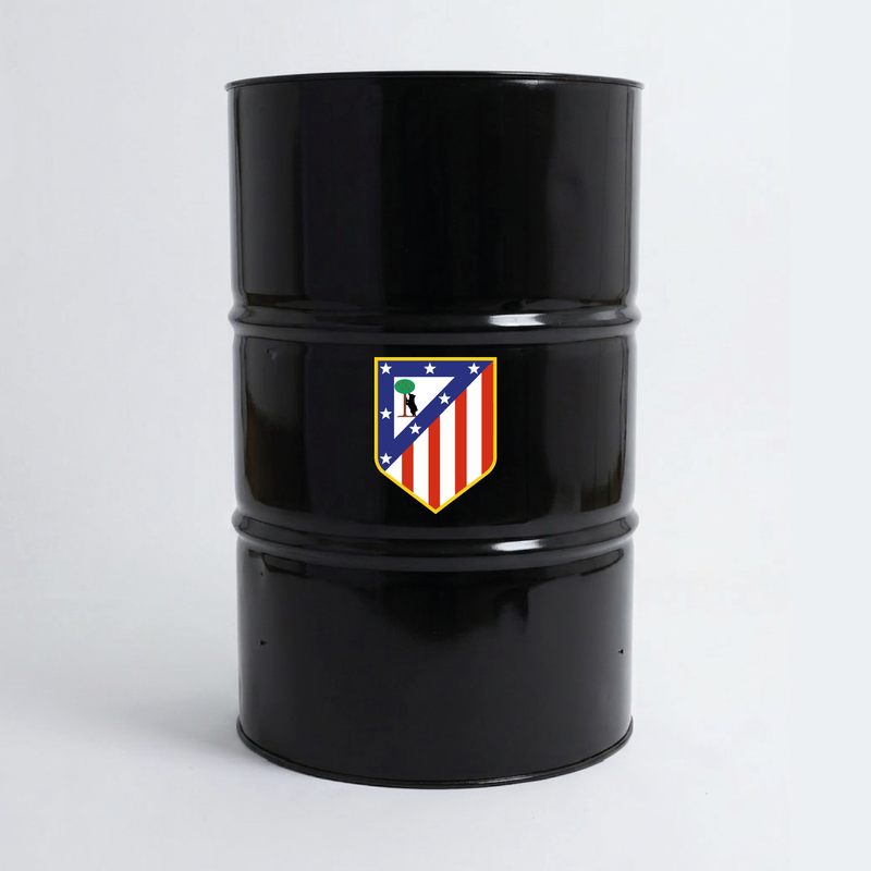 Vue du dessus d’un baril décoratif avec sticker supérieur Atletico Madrid 1970-2016