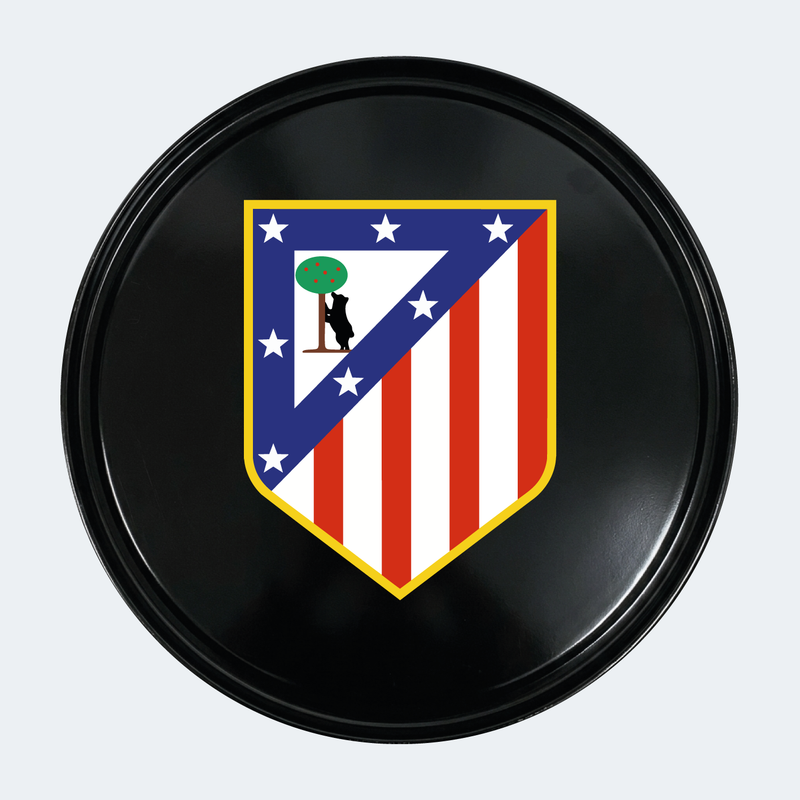 Vue de face d’un baril décoratif avec sticker inférieur Atletico Madrid 1970-2016