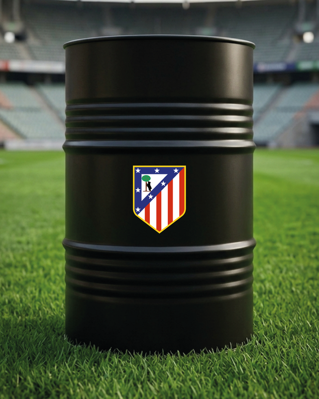 Mise en situation d’un baril décoratif avec kit de 2 stickers Atletico Madrid 1970-2016