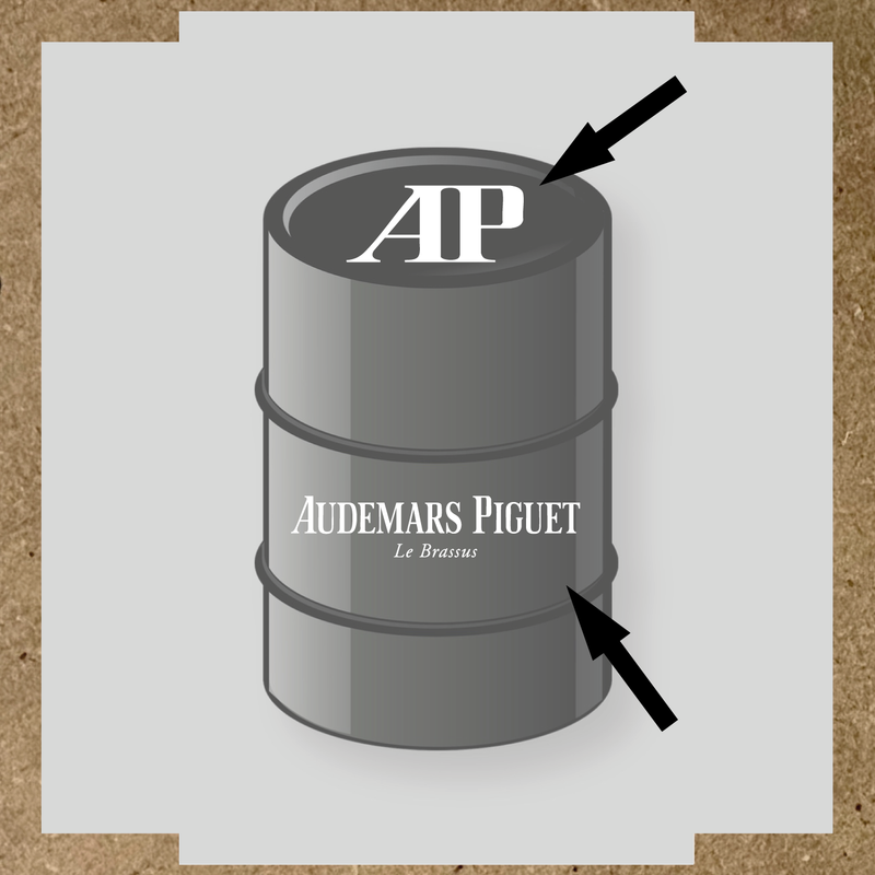 Kit de 2 stickers pour baril, représentant le logo 'AP' et le texte 'Audemars Piguet Le Brassus', sur un baril décoratif. couleur:blanc