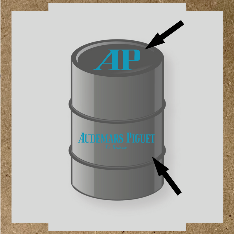 Kit de 2 stickers pour baril, représentant le logo 'AP' et le texte 'Audemars Piguet Le Brassus', sur un baril décoratif. couleur:bleu azur