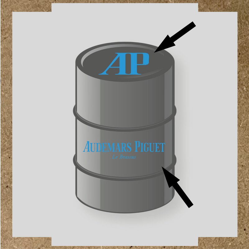 Kit de 2 stickers pour baril, représentant le logo 'AP' et le texte 'Audemars Piguet Le Brassus', sur un baril décoratif. couleur:bleu ciel