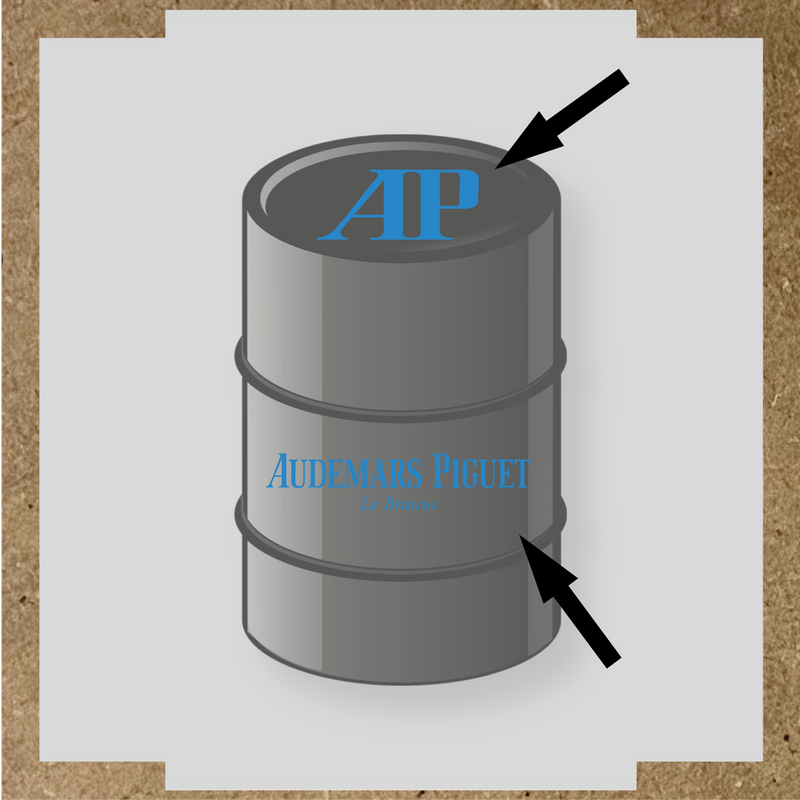 Kit de 2 stickers pour baril, représentant le logo 'AP' et le texte 'Audemars Piguet Le Brassus', sur un baril décoratif. couleur:bleu lagon
