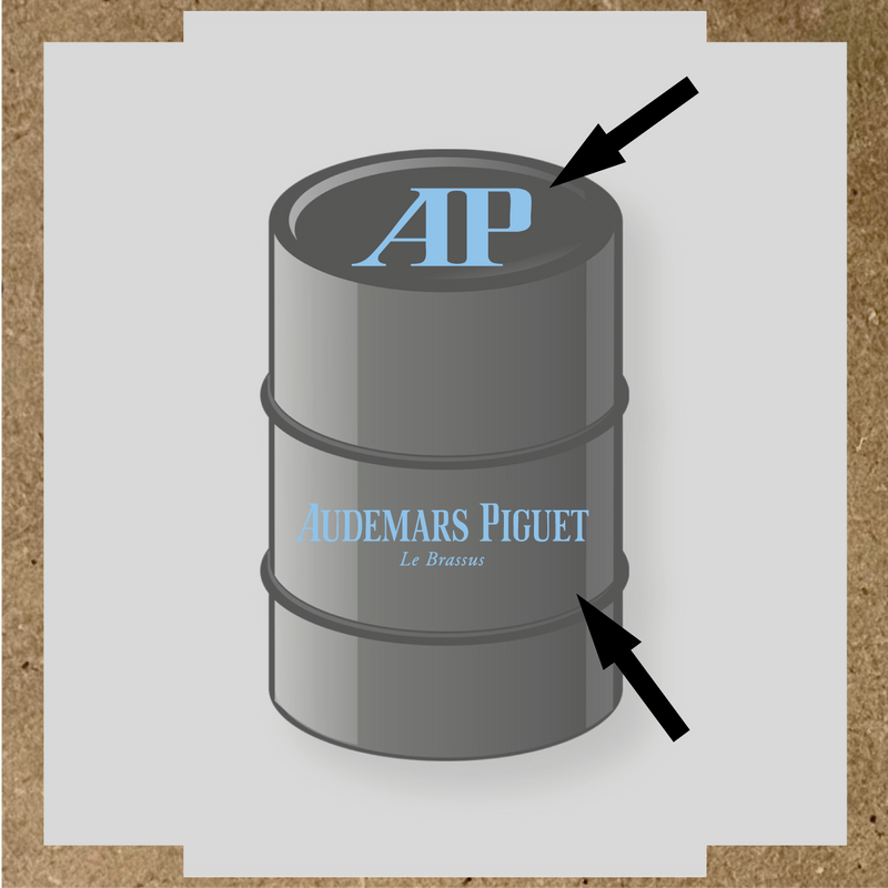 Kit de 2 stickers pour baril, représentant le logo 'AP' et le texte 'Audemars Piguet Le Brassus', sur un baril décoratif. couleur:bleu pastel