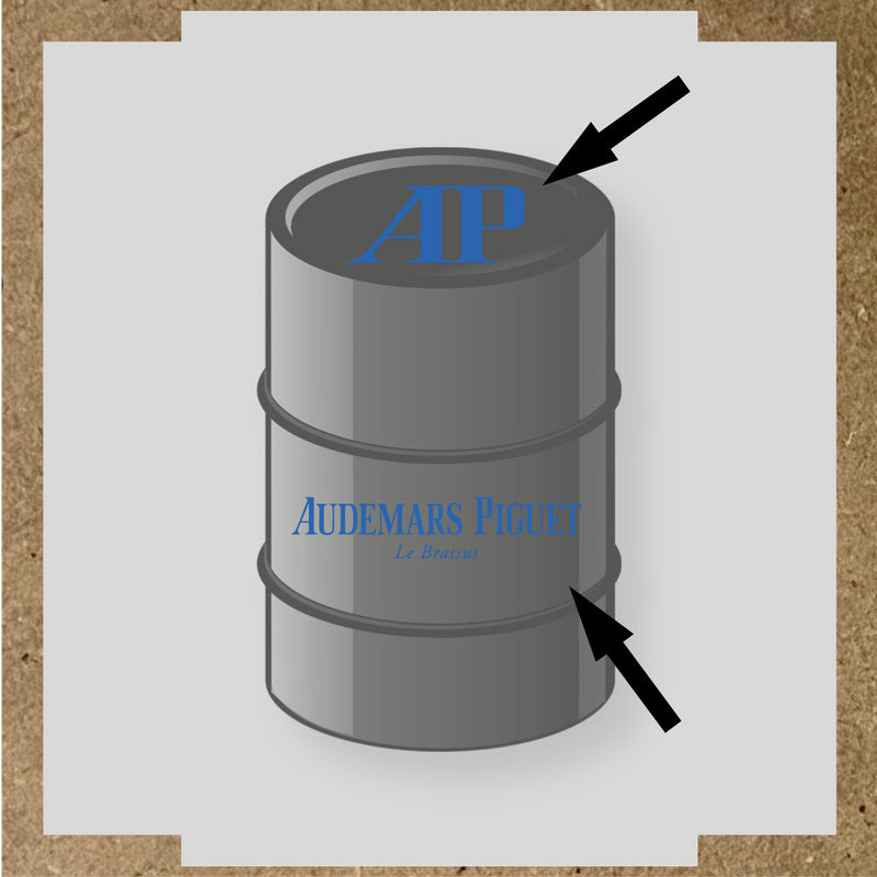 Kit de 2 stickers pour baril, représentant le logo 'AP' et le texte 'Audemars Piguet Le Brassus', sur un baril décoratif. couleur:bleu pétrole