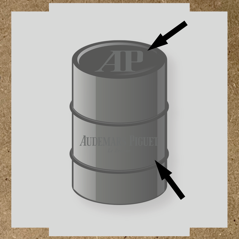 Kit de 2 stickers pour baril, représentant le logo 'AP' et le texte 'Audemars Piguet Le Brassus', sur un baril décoratif. couleur:gris foncé