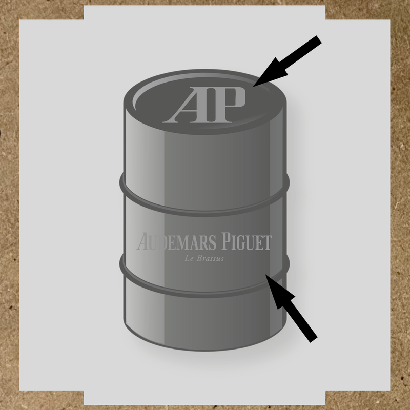 Kit de 2 stickers pour baril, représentant le logo 'AP' et le texte 'Audemars Piguet Le Brassus', sur un baril décoratif. couleur:gris