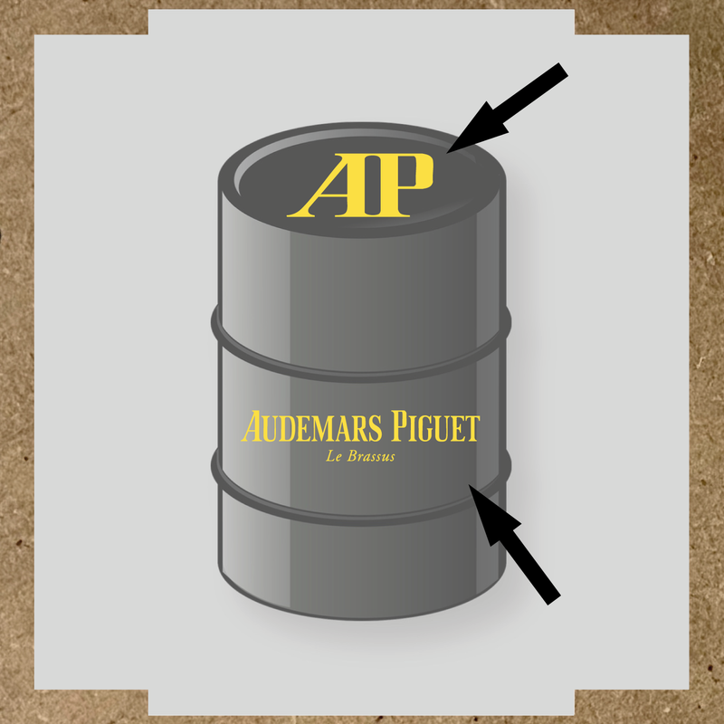 Kit de 2 stickers pour baril, représentant le logo 'AP' et le texte 'Audemars Piguet Le Brassus', sur un baril décoratif. couleur:jaune clair