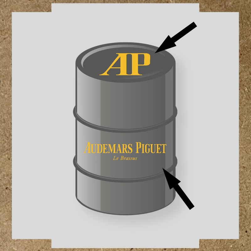 Kit de 2 stickers pour baril, représentant le logo 'AP' et le texte 'Audemars Piguet Le Brassus', sur un baril décoratif. couleur:jaune
